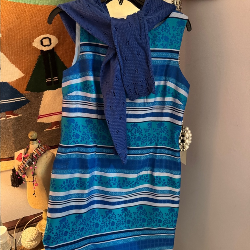 Vibrant Blue Patterned Sheath Dress with cardigan